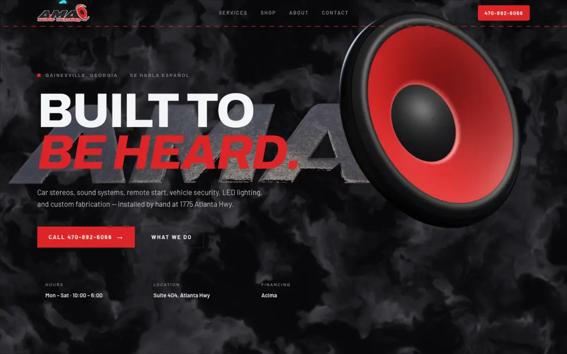 The AMA Audio Customs home page at amaaudiocustoms.com